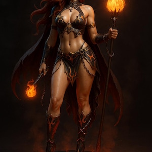 May include: Digital artwork of a woman in a fantasy costume, holding a flaming torch and a small flame. She wears a black and gold outfit and boots. The background is dark, with a fiery base.