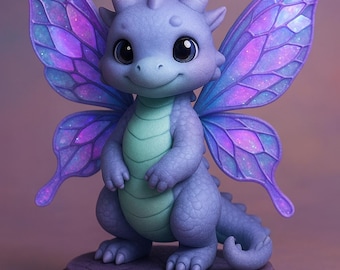 May include: A whimsical figurine of a baby dragon with large, iridescent purple and blue wings. The dragon has a light blue body, green belly, and small horns. It is perched on a round, textured base.