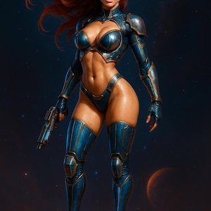 Peut inclure: Illustration numérique d'une femme vêtue d'une tenue futuriste bleue et dorée, tenant une arme futuriste. La femme a de longs cheveux roux et se tient sur une plateforme circulaire. L'arrière-plan est une scène spatiale sombre avec une planète.