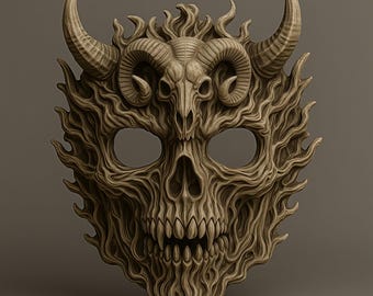 May include: A detailed, beige-colored mask with a skull design, featuring prominent horns and intricate, flame-like patterns. The mask has large eye openings and a menacing grin, perfect for Halloween or costume events.