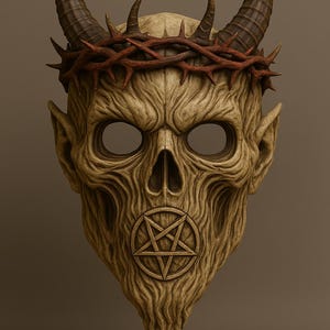 Puede incluir: Una máscara detallada con una cara de calavera, adornada con cuernos grandes y una corona de espinas. La máscara presenta un símbolo de pentagrama en la parte inferior de la cara y es principalmente de color beige y marrón. La máscara tiene cuencas oculares grandes y orejas puntiagudas.
