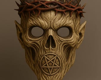 May include: A detailed mask with a skull-like face, adorned with large horns and a crown of thorns. The mask features a pentagram symbol on the lower face and is primarily beige and brown in color. The mask has large eye sockets and pointed ears.