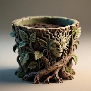 Może przedstawiać: Szczegółowa, zielono-brązowa donica w kształcie pnia drzewa z wyrzeźbioną twarzą i liściastymi pnączami. Donica jest wypełniona ziemią, gotowa do sadzenia. Projekt nawiązuje do mistycznego, leśnego motywu.