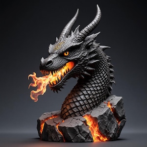 May include: A detailed sculpture of a black dragon's head, exhaling flames. The dragon has textured scales, horns, and glowing orange eyes. It rests on a cracked, rocky base with fiery lava accents, creating a fantasy theme.
