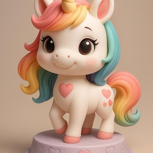 May include: A whimsical unicorn figurine with a white body, rainbow mane and tail, and a yellow horn. The unicorn has pink hearts on its side and stands on a lavender base with heart details. A charming, colorful decorative item.
