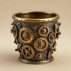 Può includere: Un vaso decorativo in stile steampunk con base in bronzo scuro e ingranaggi e finiture color ottone. Il vaso cilindrico ha un'ampia apertura ed è decorato con ingranaggi di varie dimensioni e dettagli meccanici.