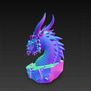 May include: A stylized dragon head sculpture in shades of blue, purple, and pink. The dragon has sharp teeth, horns, and a spiky mane. It rests on a geometric, multi-colored base against a dark background.