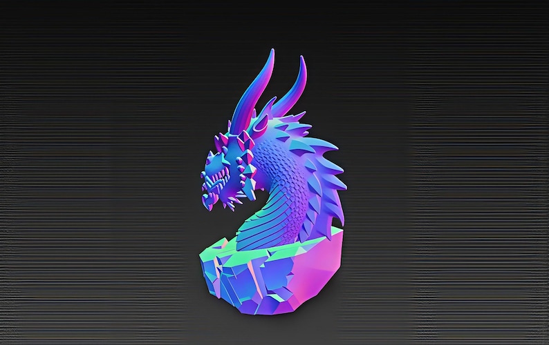 May include: A stylized dragon head sculpture in shades of blue, purple, and pink. The dragon has sharp teeth, horns, and a spiky mane. It rests on a geometric, multi-colored base against a dark background.