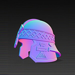 May include: A stylized, gradient-colored helmet in shades of blue, purple, and pink. The helmet features a decorative band with geometric patterns and a prominent emblem on the front, set against a dark, textured background.
