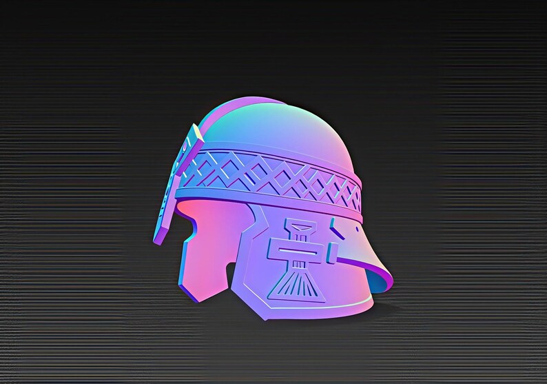 May include: A stylized, gradient-colored helmet in shades of blue, purple, and pink. The helmet features a decorative band with geometric patterns and a prominent emblem on the front, set against a dark, textured background.