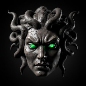 May include: A detailed sculpture of Medusa's head, featuring snakes for hair and glowing green eyes. The stone-like texture shows cracks, adding to the aged appearance. The background is dark, emphasizing the sculpture's features.