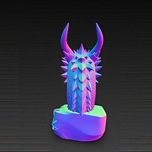 May include: A vibrant, abstract sculpture in shades of blue, purple, and pink. The artwork features a spiky, columnar form with curved horns, set on a geometric base. The piece has a modern, artistic aesthetic.