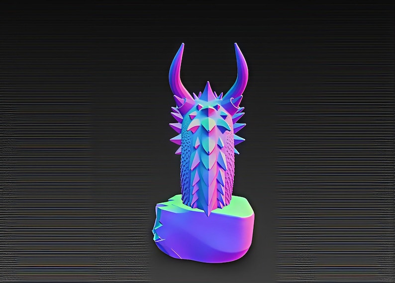 May include: A vibrant, abstract sculpture in shades of blue, purple, and pink. The artwork features a spiky, columnar form with curved horns, set on a geometric base. The piece has a modern, artistic aesthetic.