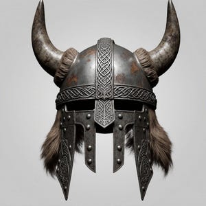 Könnte beinhalten: Ein detailliertes Bild eines Wikingerhelms aus Metall mit abgenutztem Aussehen. Der Helm hat große, gebogene Hörner, dekorative Metallarbeiten und Fellbesatz. Das Design umfasst komplizierte Muster und Nieten.