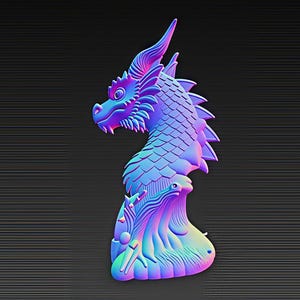 May include: A colourful, three-dimensional dragon sculpture in shades of blue, purple, and pink. The dragon features detailed scales, a spiky mane, and a stylized base. The sculpture is set against a dark, textured background.