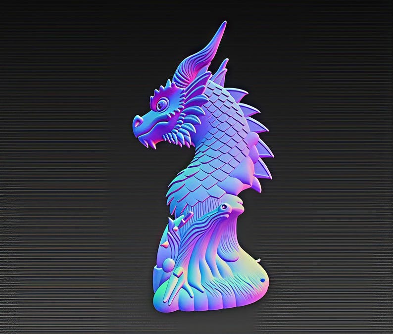 May include: A colourful, three-dimensional dragon sculpture in shades of blue, purple, and pink. The dragon features detailed scales, a spiky mane, and a stylized base. The sculpture is set against a dark, textured background.