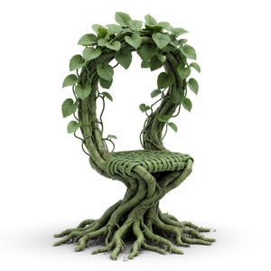 May include: A unique chair crafted to resemble a tree, with a woven seat and a back that forms a circular shape. The chair is a light green color, with leaves and vines adding to the natural aesthetic. The base of the chair is designed to look like tree roots.