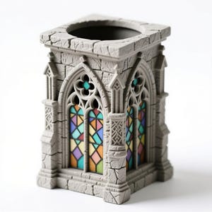 May include: A gray, gothic-style pen holder with a stained-glass window design. The pen holder is rectangular with a square opening at the top. The windows feature colorful geometric patterns. The exterior has a textured, stone-like appearance.