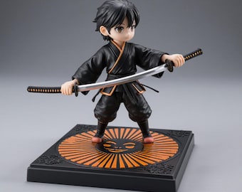 May include: A figurine of a young warrior in a black outfit, holding two swords. The figure stands on a black base with an orange sunburst design. The warrior has black hair and is in a fighting stance.
