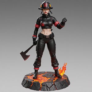 Peut inclure: Figurine d'une femme pompier en uniforme noir avec des détails rouges, tenant une hache. Elle se tient sur une base fissurée semblable à de la lave avec des flammes. La pompière porte un casque et a une expression déterminée.