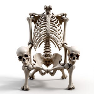 May include: A unique chair sculpted in the form of a human skeleton. The chair features a rib cage back, armrests with skull details, and bone-shaped legs. The color is a natural bone white, creating a striking and macabre design.