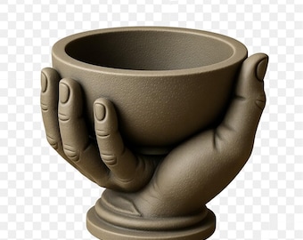 Op de afbeelding: Een decoratieve, taupekleurige kom die wordt vastgehouden door een gebeeldhouwde hand. De kom heeft een afgeronde vorm en staat op een voetstuk. De hand is gedetailleerd met zichtbare knokkels en vingernagels, wat een uniek en artistiek woondecoratie-item creëert.