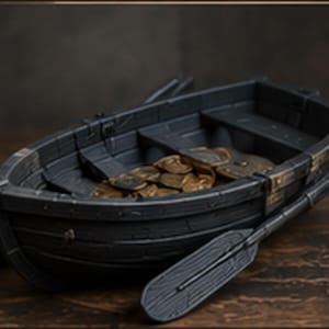 Op de afbeelding: Een donkergrijze miniatuur roeiboot met een textuur van houtnerf, een spitse boeg en een platte achtersteven. De binnenkant bevat een verzameling kleine, metallic goudkleurige ronde munten. Eén roeispaan rust langs de zijkant van de boot.