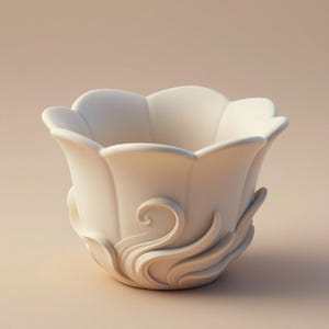 Puede incluir: Una maceta blanca en forma de tulipán, con un borde festoneado y patrones decorativos en relieve arremolinados en los lados. La maceta está hecha de un material liso y mate, adecuada para uso en interiores o exteriores.