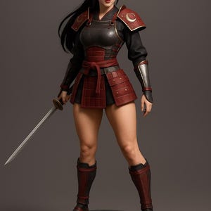 以下が含まれることがあります： 伝統的な鎧を着た戦士の精巧なフィギュア。黒と赤の衣装に剣を装備。肩パッド、胸当て、スカートを含む鎧。装飾的な台座に立っています。