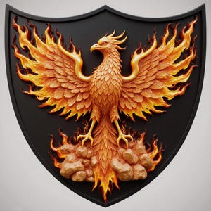 May include: A detailed, three-dimensional wall art piece featuring a phoenix rising from flames. The bird is rendered in shades of orange and gold, set against a black shield-shaped background. The flames are a vibrant orange and yellow.
