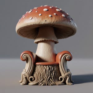 May include: A whimsical mushroom-shaped chair with a red and white spotted cap. The chair features a beige stem and a seat with ornate, swirling armrests. The base has a textured, organic design, creating a fantasy-themed decorative piece.