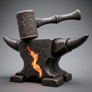 Könnte beinhalten: Detaillierte Abbildung eines Schmiedeambosses mit einem Hammer, der darauf ruht. Der Amboss ist dunkelbraun mit einem Riss in der Mitte, der ein feuriges orangefarbenes Leuchten offenbart. Hammer und Amboss sind aufwendig mit Mustern gestaltet.