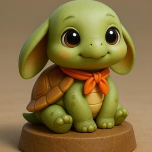 May include: A charming, cartoon-style turtle figurine. The turtle is primarily green with a brown shell and an orange scarf. It has large, expressive eyes and is sitting on a brown base. The overall design is cute and whimsical.