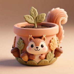 Puede incluir: Una encantadora maceta de cerámica color melocotón con un diseño de ardilla de dibujos animados. La maceta tiene una pequeña planta con hojas verdes, una cola esponjosa y bellotas y hojas decorativas. Una adición encantadora a cualquier decoración del hogar.