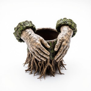 May include: A distinctive planter, resembling a tree stump with hands. The hands, with detailed skin texture, cup the planter's opening. Green moss decorates the top, and the base has exposed roots. The colour scheme features browns and greens.