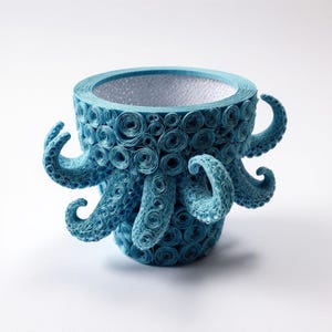 Pode incluir: Um recipiente azul em forma de polvo feito de papel enrolado. O recipiente tem uma forma cilíndrica com oito tentáculos enrolados que se estendem da base. O corpo é decorado com espirais de papel enrolado. O interior é branco.