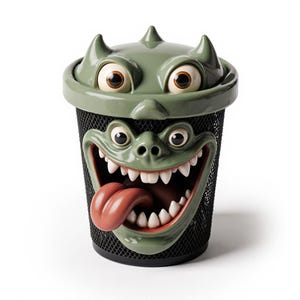 Può includere: Un cestino della spazzatura originale con un design a forma di mostro. Il coperchio verde presenta due grandi occhi e corna. Il corpo in rete nera ha una faccia di mostro sorridente con una lingua rossa e denti bianchi.