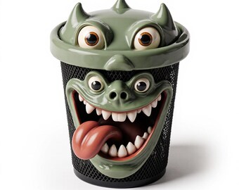 Monster Trash Can Pen Holder STL File: 3D Printable Halloween Desk Organizer (Digital Download)