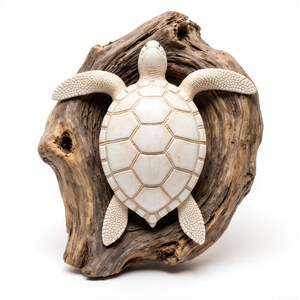 Könnte beinhalten: Eine weiße Schildkröten-Skulptur mit strukturierten Details, montiert auf einem Stück Treibholz. Die Schildkröte hat ausgestreckte Flossen und einen detaillierten Panzer. Das Treibholz hat eine natürliche braune Farbe und bildet einen Kontrast.