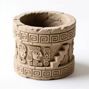 Könnte beinhalten: Ein zylindrischer, beigefarbener Pflanztopf mit einem antiken aztekischen Design. Der Pflanztopf zeigt reliefartige Bilder von Gesichtern, geometrischen Mustern und einer kleinen Treppe. Die oberen und unteren Ränder haben ein sich wiederholendes quadratisches Muster.