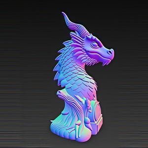 May include: A 3D-rendered dragon sculpture in shades of blue, purple, and green. The dragon has a detailed head with horns and scales, and a stylized base. The sculpture is set against a dark grey background.