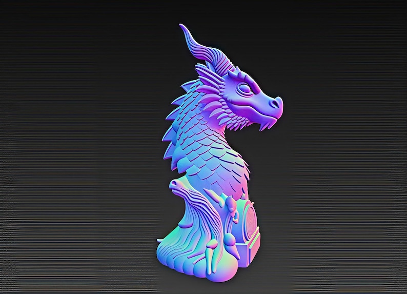 May include: A 3D-rendered dragon sculpture in shades of blue, purple, and green. The dragon has a detailed head with horns and scales, and a stylized base. The sculpture is set against a dark grey background.