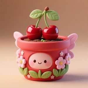 May include: A whimsical red flower pot with a smiling face, pink fairy wings, and floral accents. Two glossy red cherries with green leaves sit atop the pot. A charming, decorative piece.