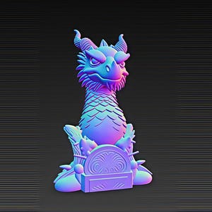 May include: A 3D-rendered dragon figurine in shades of blue, purple, and pink. The dragon has horns, a spiky mane, and is seated on a decorative base. The background is a dark grey with horizontal lines.