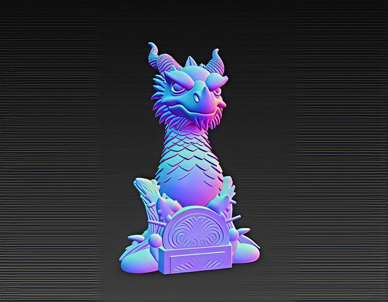 May include: A 3D-rendered dragon figurine in shades of blue, purple, and pink. The dragon has horns, a spiky mane, and is seated on a decorative base. The background is a dark grey with horizontal lines.