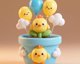 Kawaii Chick Planter STL File – Cute Balloon Pot Digital Download