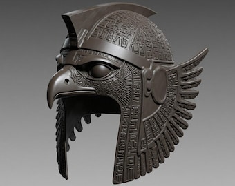 May include: A detailed bronze-colored helmet with a hawk-like design. The helmet features intricate carvings, including hieroglyphs and feather patterns. The hawk's eye is visible, and the helmet has a prominent beak and wings, suggesting an ancient Egyptian theme.