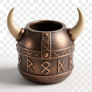 Könnte beinhalten: Ein bronzefarbener Behälter in Form eines Wikingerhelms mit zwei gebogenen, cremefarbenen Hörnern. Der Helm weist geprägte Runensymbole und dekorative Bänder auf. Das Design ist detailliert mit Nieten und einer strukturierten Oberfläche.