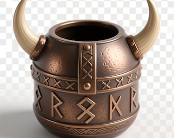 May include: A bronze-colored Viking helmet-shaped container with two curved, off-white horns. The helmet features embossed runic symbols and decorative bands. The design is detailed with rivets and a textured finish, suggesting a historical or fantasy theme.