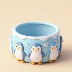 Puede incluir: Una maceta de cerámica azul claro con forma redondeada. La maceta está decorada con pingüinos de dibujos animados y copos de nieve. El borde superior tiene un ribete blanco y ondulado. Los pingüinos tienen vientres blancos, alas grises y pies amarillos.